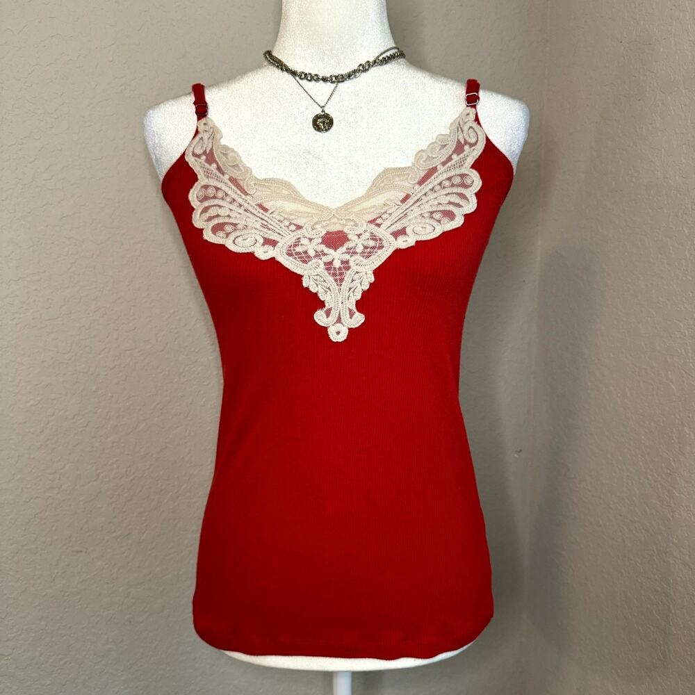 Bongo Y2K Cami Tank Top Women Large Red Cotton Ribbed Lace Neck Spaghetti Strap